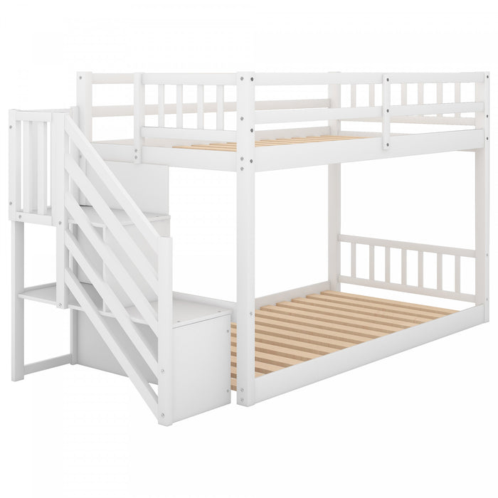 Joanna Twin Floor Solid Wood Bunk Bed With Storage Ladder, Low Height Design, White