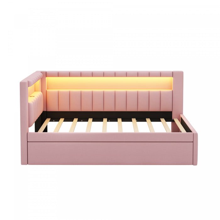 Lily Upholstered Platform Bed with LED and USB Ports,Pink Twin Bed