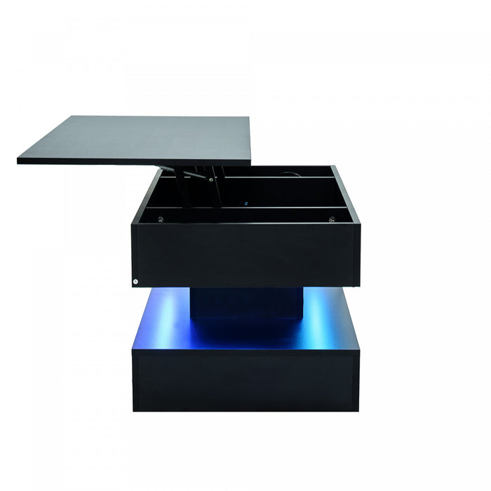 Flexi 39.9 Inch Hydraulic Lift-Top Coffee Table with LED Lighting and Hidden Storage, Black