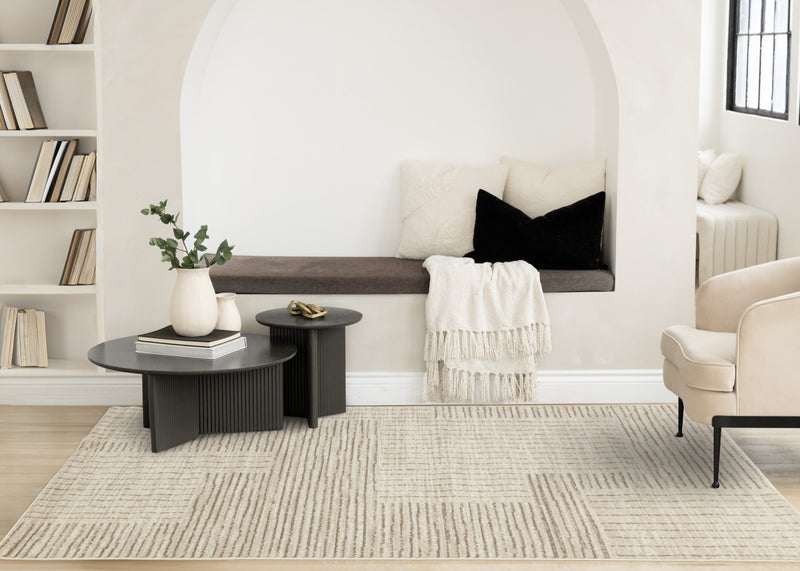 Florence Brown Cream Geometric Linework Design Rug, 7'9\" x 10'6\" Indoor Area Rug