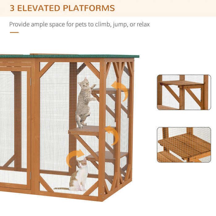 Pawhut Cat Cage Indoor Catio Outdoor Cat Enclosure Pet House Small Animal Hutch For Rabbit, Kitten, Crate Kennel With Waterproof Roof, Multi-level Platforms, Lock, Orange