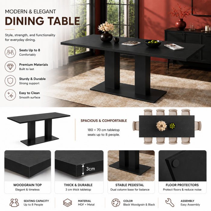 Vero 71 Inch Modern Rectangular Dining Table with Dual Pedestal Base and Black Finish, Black