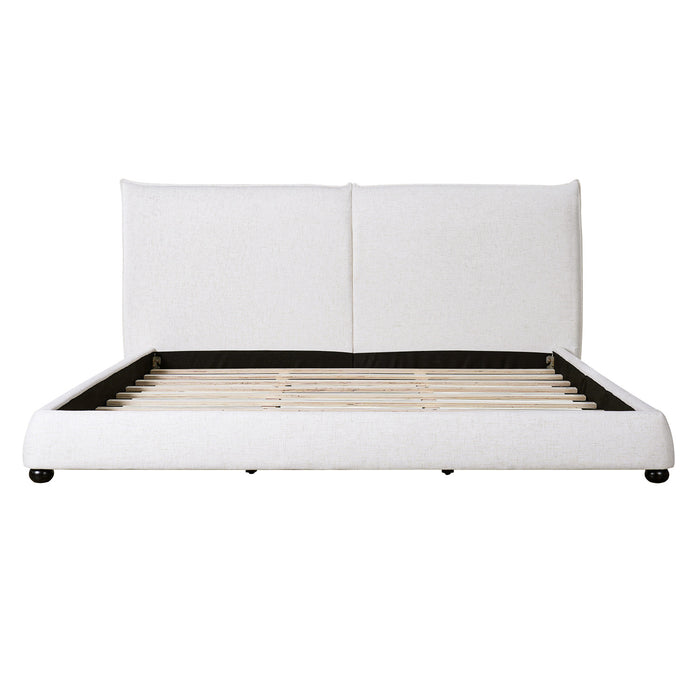 Mason Linen Blend Upholstered Platform Bed Pillow-Back Headboard,King Size,White King Bed
