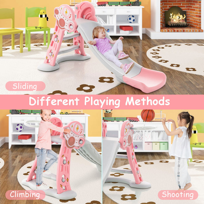 Costway 3-in-1 Kids Indoor Slide With Basketball Hoop & Basketball, Safe Buffer Zone Pink