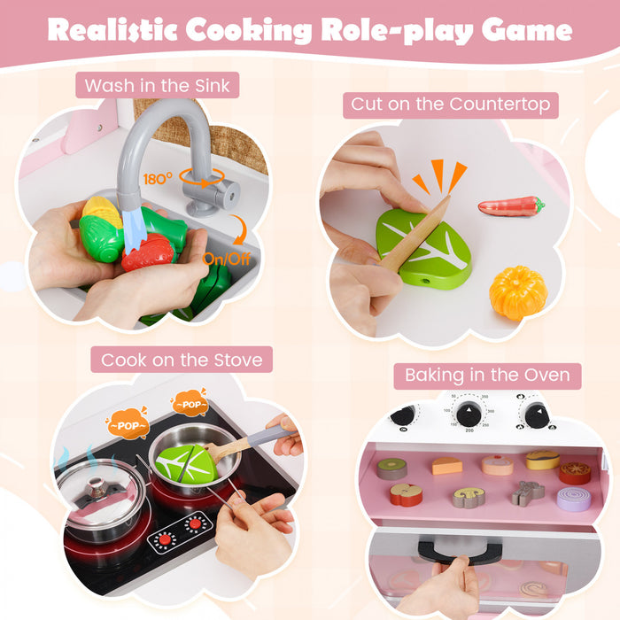 Honeyjou Corner Play Kitchen Toddler Kitchen Playset With Range Hood, Ice Maker, Microwave Pink