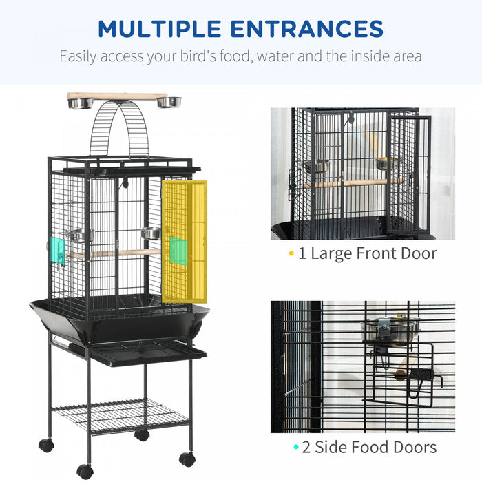 Pawhut 61.5 Inch Bird Cage Parakeet House For Cockatiel With Stand, Pull Out Tray, Play Top, Storage Shelf, Wood Perch, Food Container