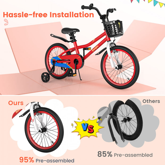 Costway 18\" Kid's Bike With Removable Training Wheels & Basket For 4-8 Years Old Red