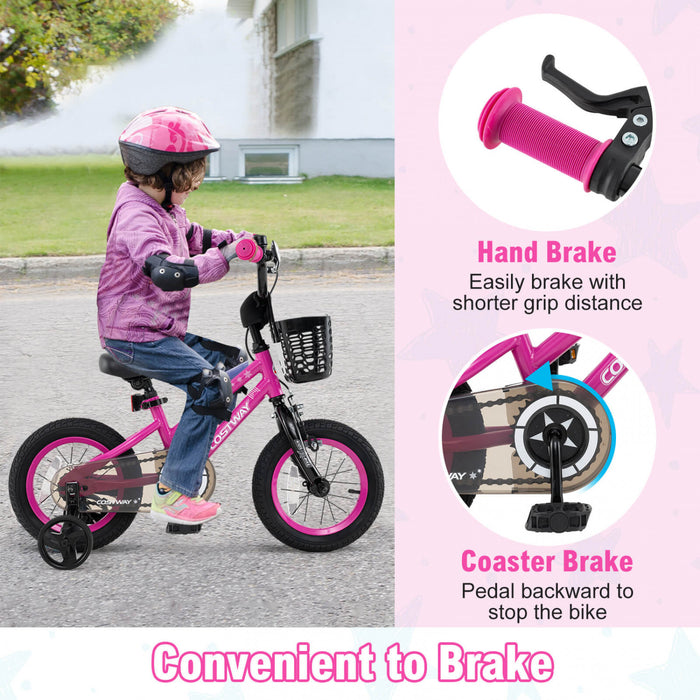 Costway 14\" Kid's Bike With Training Wheels Adjustable Handlebar & Seat Handbrake Pink