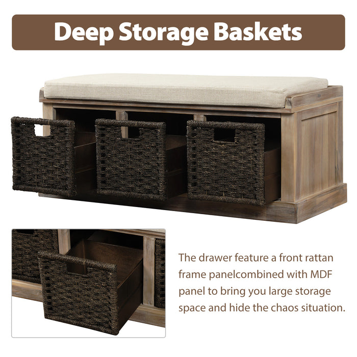 Leif Solid Wood And Rattan Baskets Storage Bench With Cushioned Seat - White