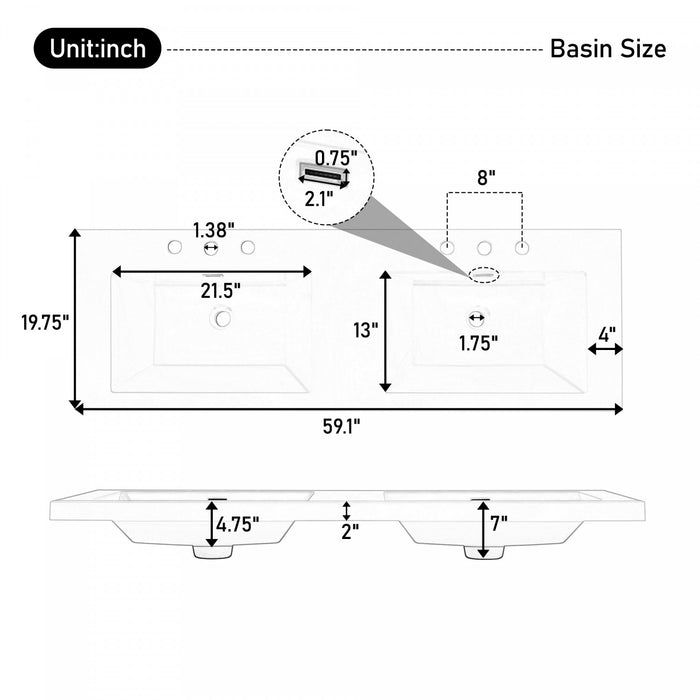 Sorelle 59 Inch Double Sink Bathroom Vanity with Resin Sinks and 3 Drawers, White