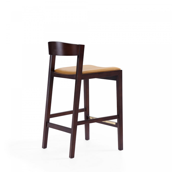 Klismos Mid-Century Modern Wood Upholstered Counter Stool in Camel - Set of 3