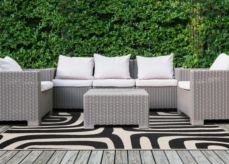 Jackson Black White Abstract Lines Outdoor Rug, 7'10\" x 10'6\" Outdoor Area Rug
