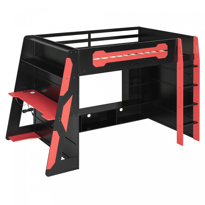 Olivia Wood Loft Bed with Desk and Multi-storage Shelves,RGB Light,Red Full Bed