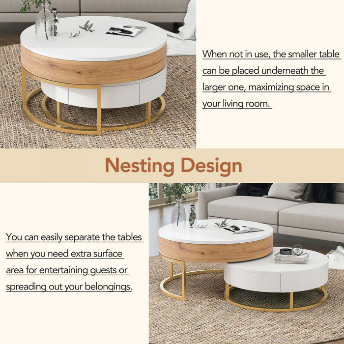 Sherry 31.5\" Round Engineered Wood Lift-top Nesting Coffee Table With Drawers, White