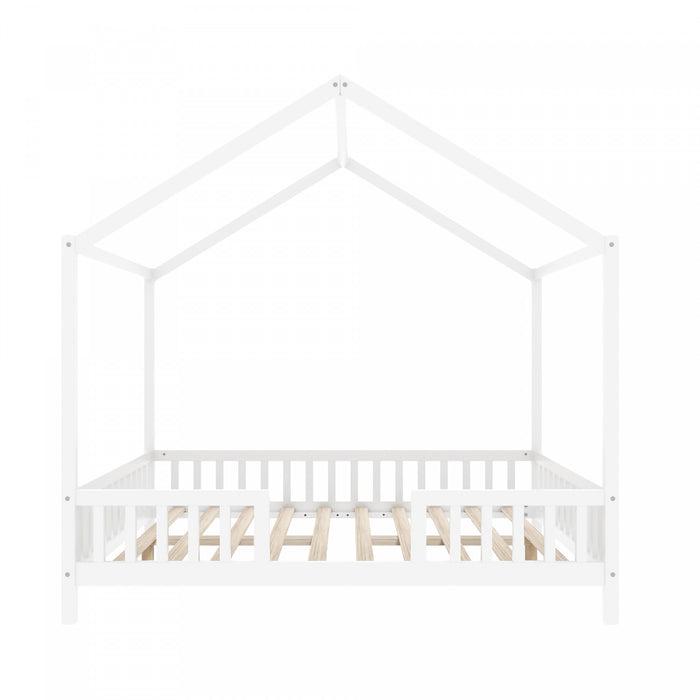 Paul Montessori Floor Bed with Canopy and High Railings,Full Size,White Full Bed