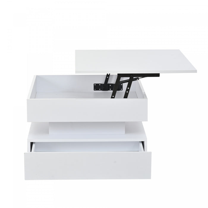 Lumina 25.5 Inch Square Lift-Top Coffee Table with LED Lights and Dual Drawers, White