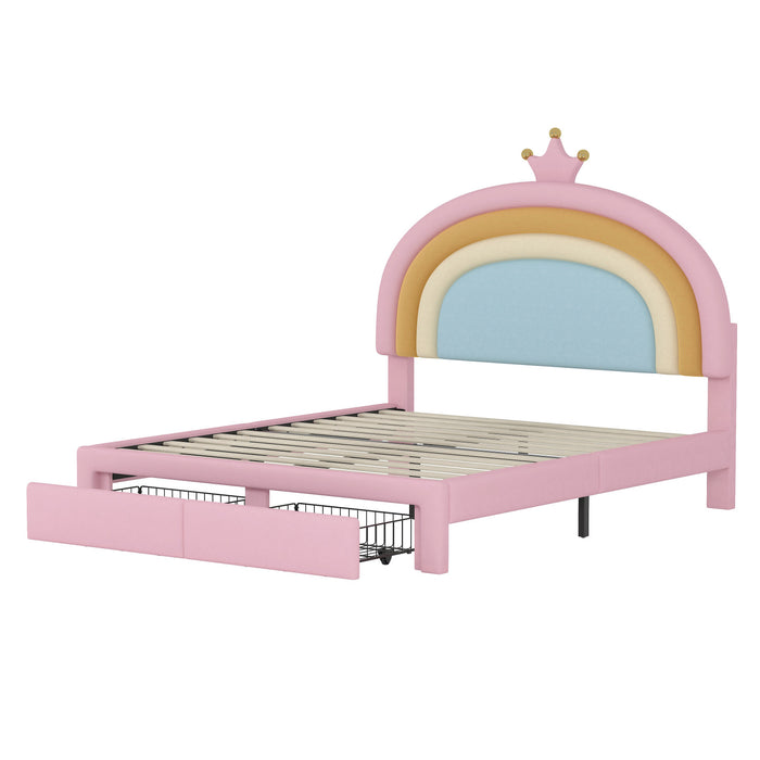 Maggie Upholstered Rainbow Princess Bed With Storage Drawer And Velvet Platform Frame,full Size,pink Full Bed