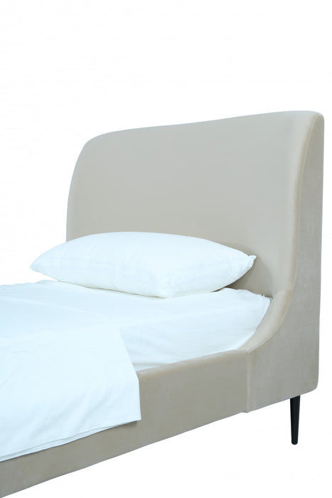 Heather Mid-Century Modern Velvet Upholstered Twin Bed in Cream and Black