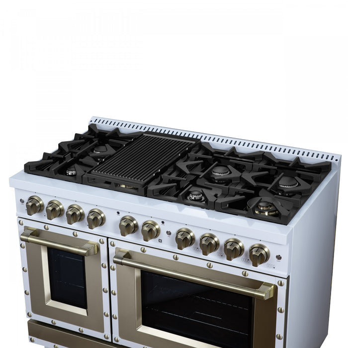 Forno Ambassador 48\" Gas Range in White, 8 Sealed Burners, 6.7 Cu.Ft. Ovens - FFSGS6299-48CPWHT
