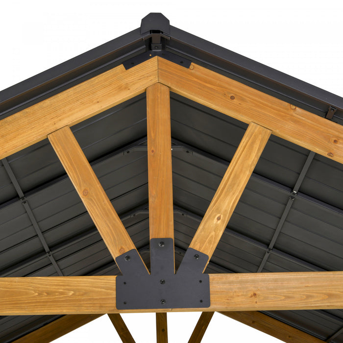 Outsunny 11' X 13' Wooden Gazebo Canopy Outdoor Sun Shade Shelter W/ Steel Roof, Solid Wood, Black & Natural