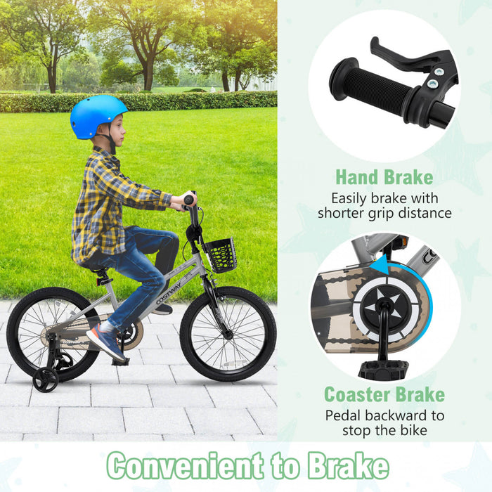 Costway 16\" Kid's Bike With Training Wheels Adjustable Handlebar & Seat Handbrake Silver