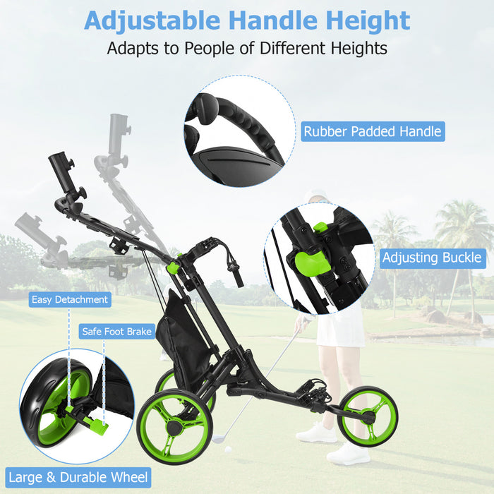 Goplus Folding 3 Wheels Golf Push Cart W/bag Scoreboard Adjustable Handle Green