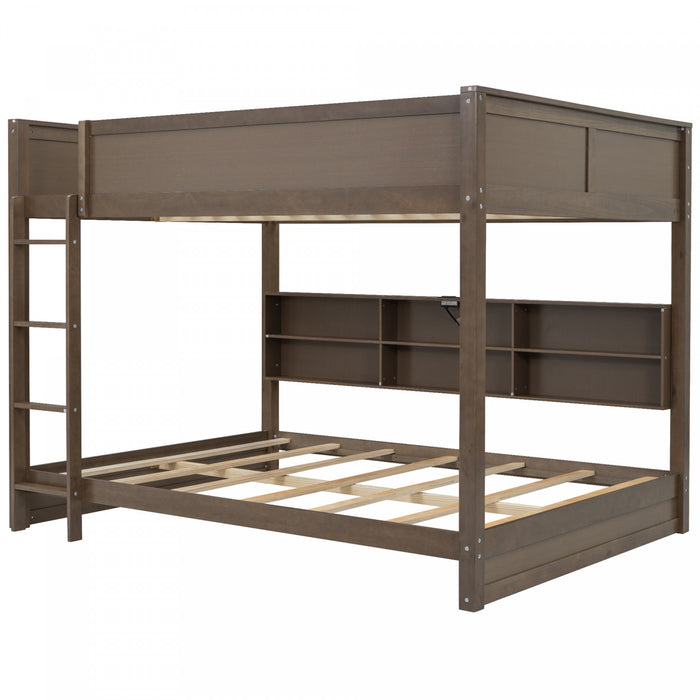 Aaron Wood Bunk Bed With Storage Cabinets And Usb Ports, Queen Size, Antique Wood