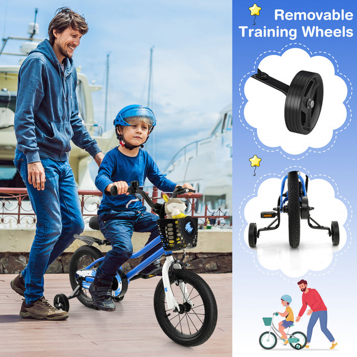 Costway 14'' Kid's Bike With Removable Training Wheels & Basket For 3-5 Years Old Skyblue