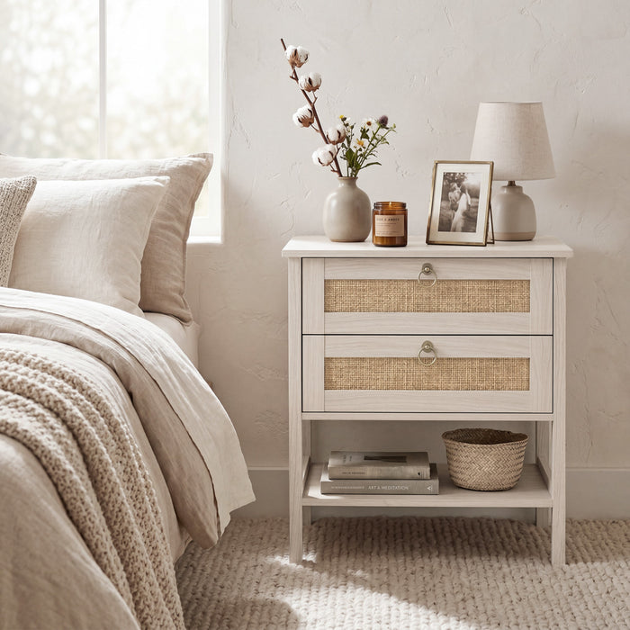HOMCOM Rattan Nightstands Set of 2 Bedside Tables with 2 Drawers White Oak