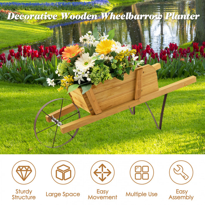 Costway Wooden Wagon Planter Decorative Indoor/outdoor Rustic Flower Cart With Wheel Beige
