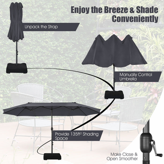Costway 15FT Double-Sided Twin Patio Umbrella Sun Shade Outdoor Crank Market Base Grey