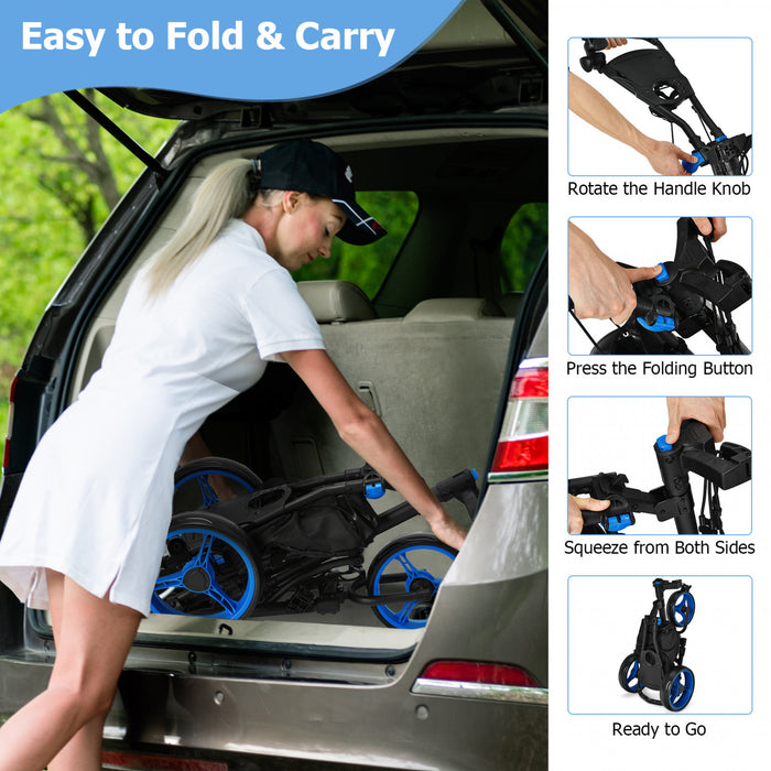 Goplus Folding 3 Wheels Golf Push Cart W/bag Scoreboard Adjustable Handle Blue