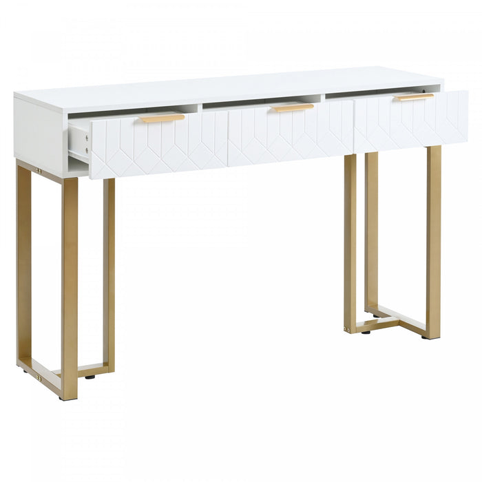Horizon Modern Console Table with Geometric Drawers and Gold Frame, White/Gold