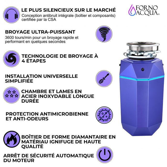 BrightDIAMOND 3/4HP Quietest Waste Disposer, LED Cabinet Light, Corded & Air Switch, Amethyst - WDD075TA1AM Food Disposer