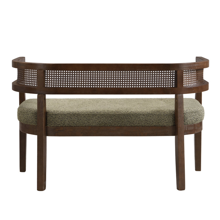 Rattan 47.5 Inch Rattan Upholstered Loveseat with Hand-Woven Backrest, Green, Walnut