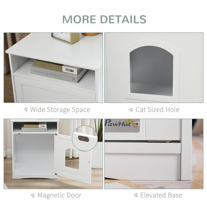 Pawhut Cat Litter Box Enclosure Hidden Cabinet Cat Furniture Indoor Cat Washroom Nightstand End Table With Cat-sized Hole Wide Tabletop Storage Shelf White