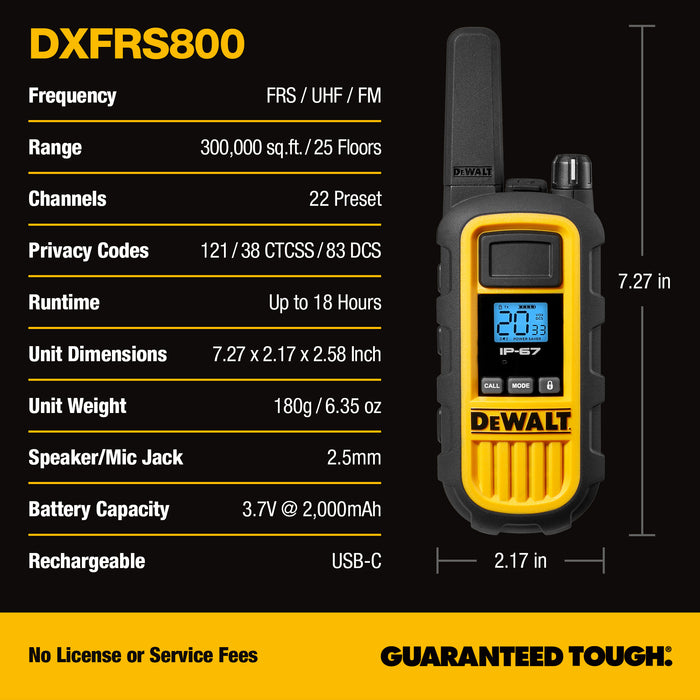 2 Dewalt DXFRS800 Work Site Walkie Talkies Plus Earpieces - 2 Watt, Heavy Duty, Long Range Indoor-Outdoor Two Way Radios + 22 Channel