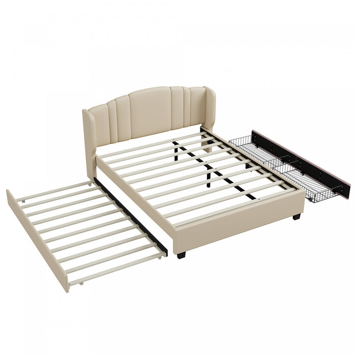 Jean Upholstered Platform Bed with Wingback Headboard and Storage Drawers,Queen Size,Beige Queen Bed