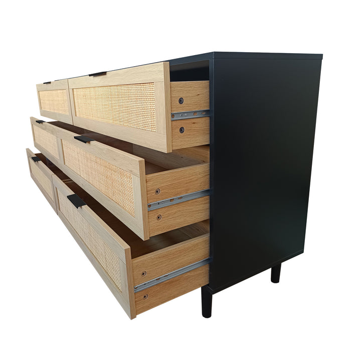59\" Mila Modern 6 Drawer Rattan Storage Cabinet with Engineered Wood Frame - Black