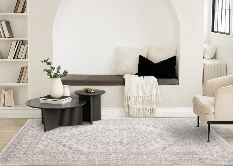 Fallon White Grey Elegant Faded Traditional Rug, 7'10\" x 10'6\" Indoor Area Rug