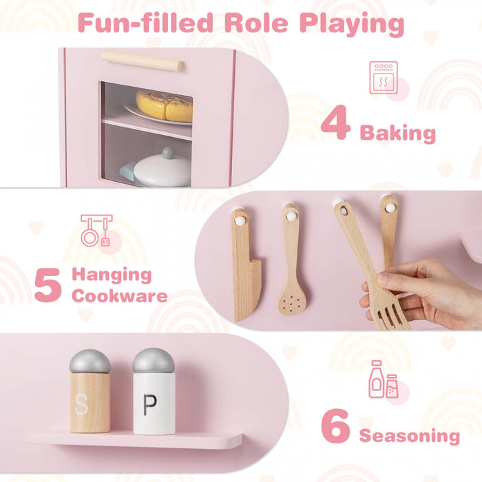 Costway Kids Kitchen Playset With Light Up Stove & Cooking Sounds Oven Sink Faucet Pink