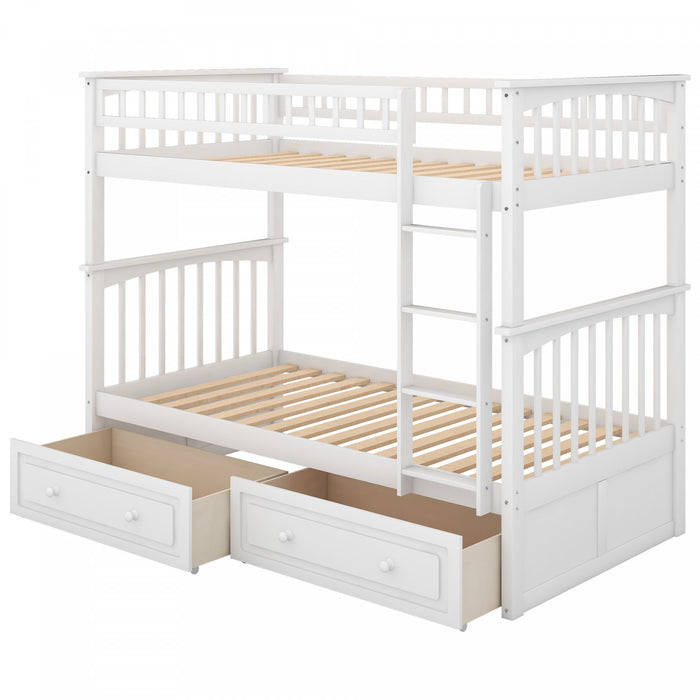 Elvis Solid Wood Convertible Bunk Bed With Drawers, Twin Size, White