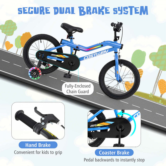 Costway 16\" Led Lighted Kids Bike With Adjustable Seat Coaster Brake Training Wheels Blue
