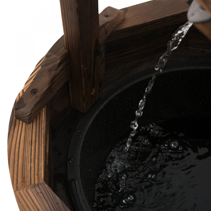Outdoor Wooden Wishing Well Fountain With Hanging Barrel, 47.25\" Tall Rustic Waterfall Fountain With Electric Pump, Stained Wood