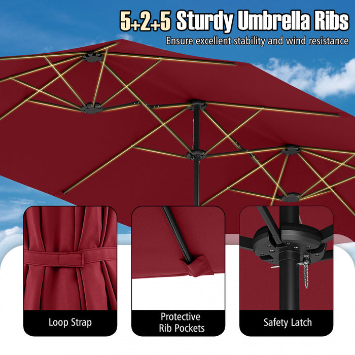 Costway 15.5 FT Extra-Large Patio Umbrella with LED Solar Lights & 12 Heavy-Duty Ribs Red