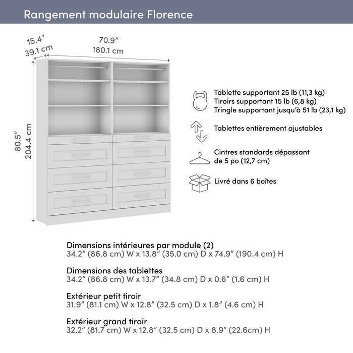 Bestar Florence 71\" Modular Reach-In/Walk-In Closet System with Storage - White