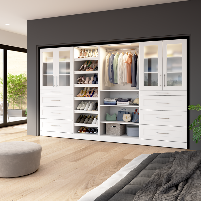Bestar Florence 132\" Modular Walk-In Closet System with LED Lights, Drawers, Doors and Shoe Shelves Shaker Style - White