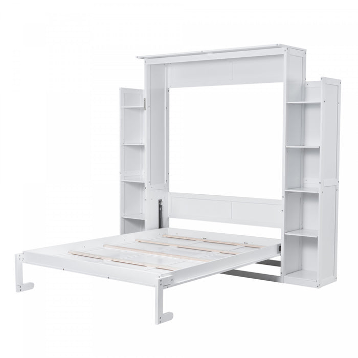 Aiden Murphy Bed with Shelves and LED Lights,Queen Size,White Queen Bed