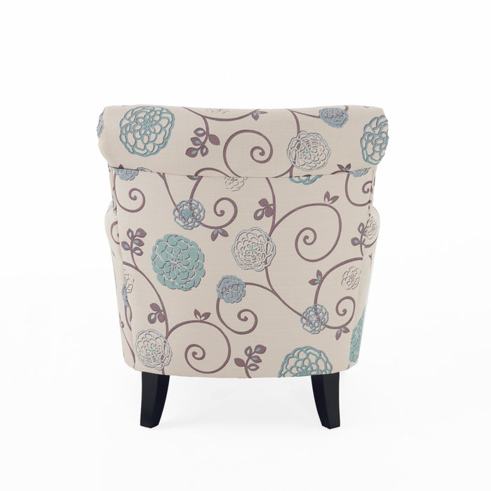 Catherine Linen-look Fabric Accent Chair With Wood Legs - White and Blue