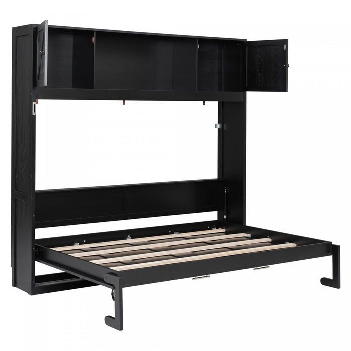 Ethan Solid Wood Murphy Bed with Storage Cabinets,Queen Size,Black Queen Bed